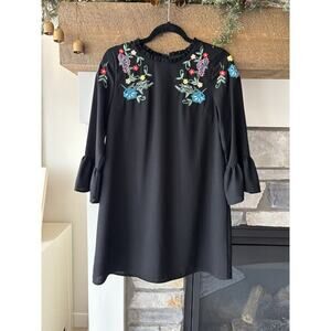 ANTHROPOLOGIE Allison New York Dress XSP Black Embroidery Ruffle Prairie Cottage